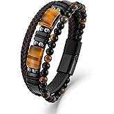 Oskani Mens Tiger Eye Leather Bracelet, Natural Tiger Eye Stone Beads Multi-Layer Braided Cuff Bracelets for Men, Stainless Steel with Buckle Memorial Bangle Gifts for Him