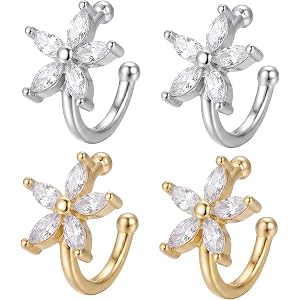 4 Pcs Ear Cuffs Non Piercing Set, Gold and Silver Tone Flower Cartilage Cuff, Dainty Cuff Earrings for Women with Cubic Zirco