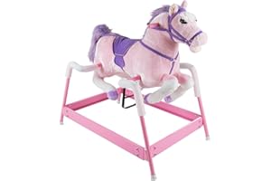 HAPPY TAILS Spring Rocking Horse Plush Ride on Toy with Adjustable Foot Stirrups and Sounds for Toddlers to 5 Years Old by Happy Trails - Pink, Large