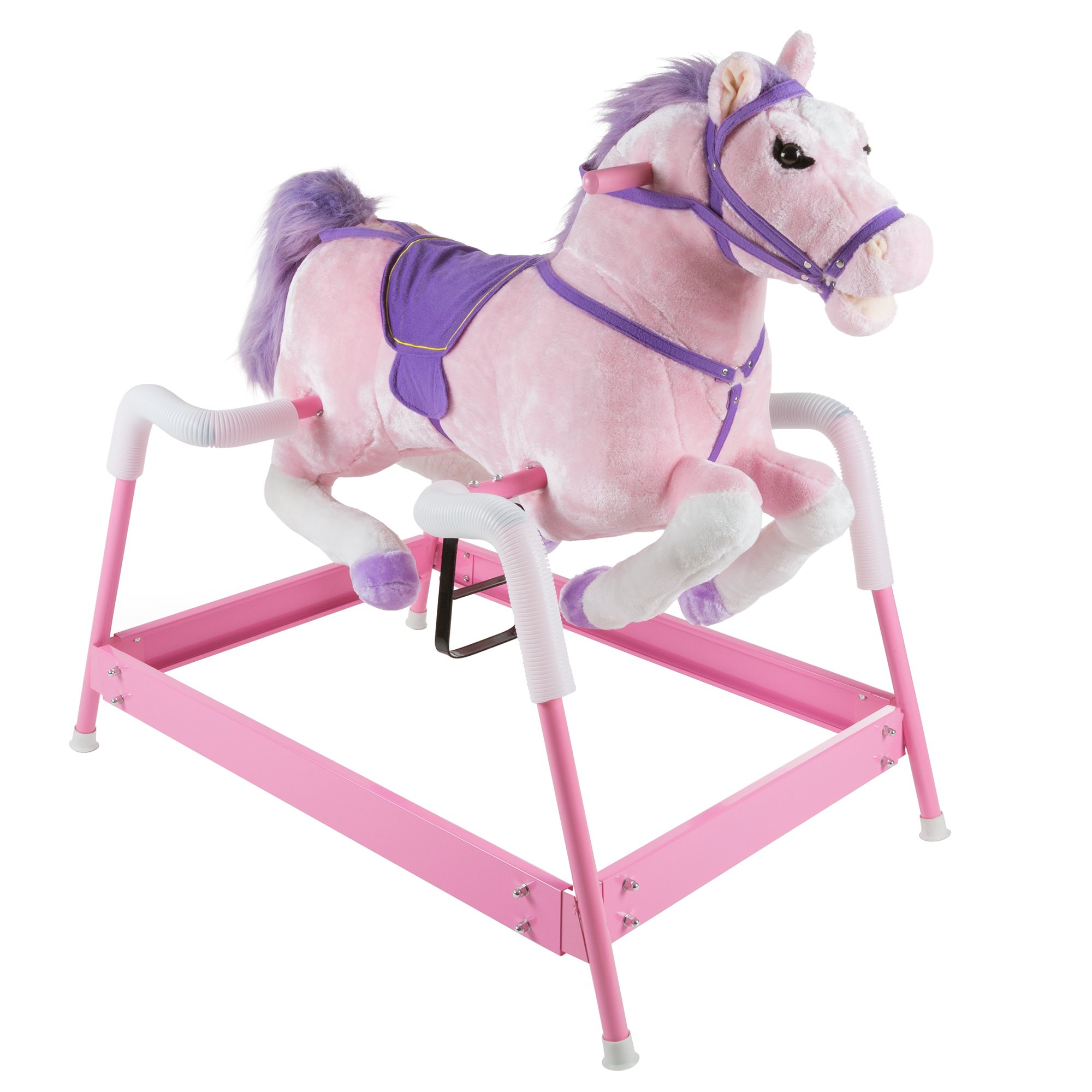 Photo 1 of *Scratches* Spring Rocking Horse - Plush Bouncy Ride-On Toy with Fun Sounds, Wood Handles, and Adjustable Stirrups for Kids Ages 3 to 6 by Happy Trails (Pink)