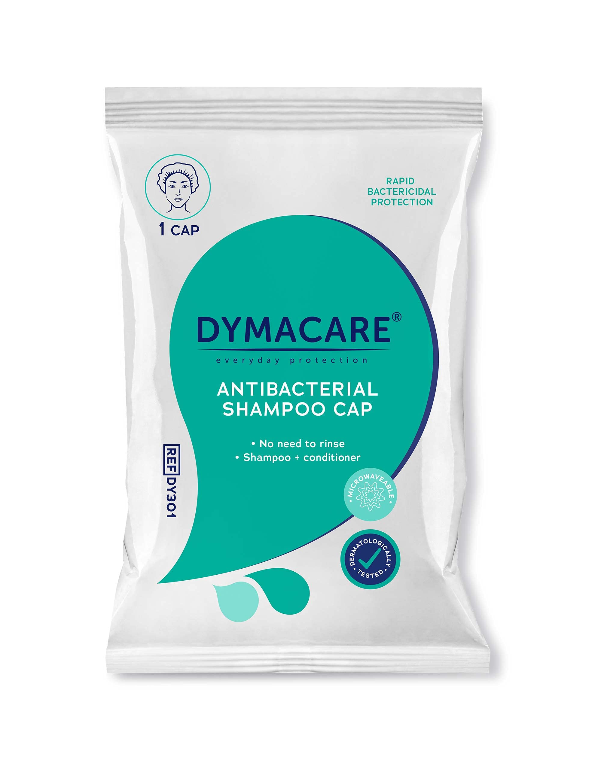 DYMACARE Antibacterial No Rinse Shampoo Cap | Rinse Free Shower Cap That Shampoos & Conditions | PH Balanced Waterless Hair Wash | 1 Cap