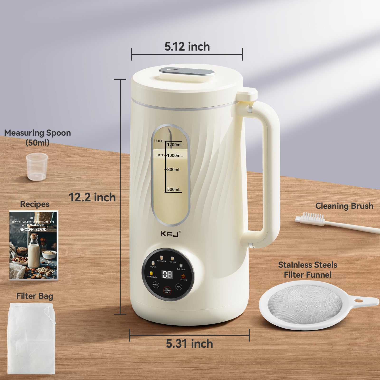 KFJ Máquina para hacer leche de nueces 8 en 1, 41 oz de coco casero, soja, avena, almendras, leches a base de plantas y bebidas no lácteas con inicio retardado/hervir agua/autolimpieza, color blanco