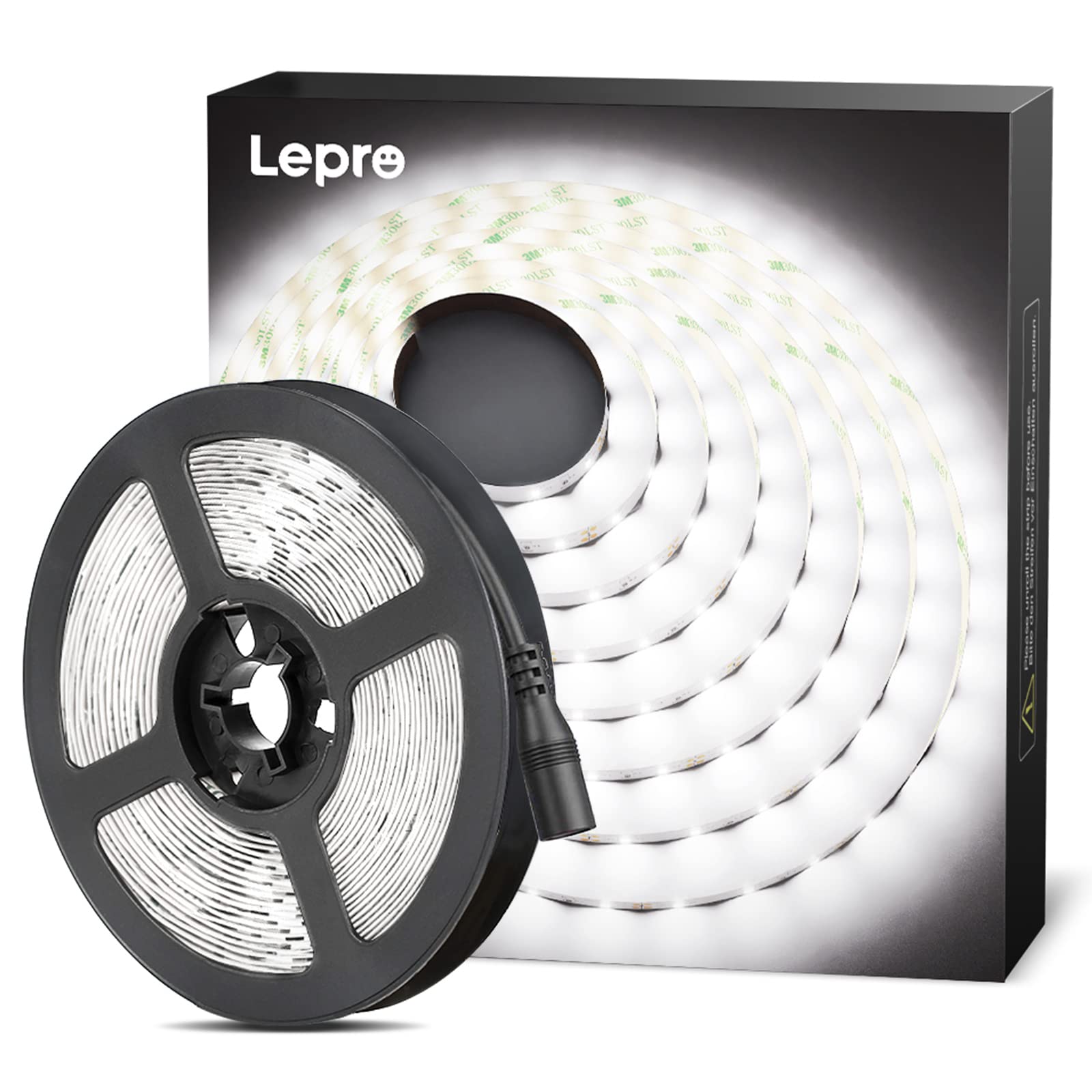 Lepro White LED Strip Light 5M (No Plug, Striplight Only), 300 LEDs, 2300lm, 6000K, Stick on LED Lights for Kitchen Cabinet Cupboard, Mirror and DIY (DC 12V Power Supply Required)