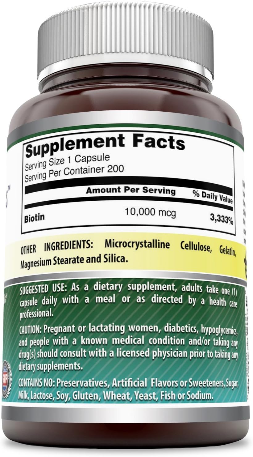 Amazing Formulas Biotin Supplement - 10,000mcg - 200 Capsules (Non-GMO, Gluten Free) Supports Healthy Hair, Skin & Nails - Promotes Cell Rejuvenation: Health & Personal Care