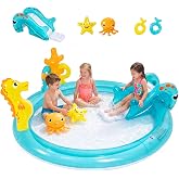 GLACER Kids Pool with Slide, Inflatable Play Center with Seahorse Sprinkler | 70" x 62" x 26.5" Water Splash Pad with Ring-toss Game, Heightened Guardrails, PVC toddler pool for Outdoor Backyard, Garden