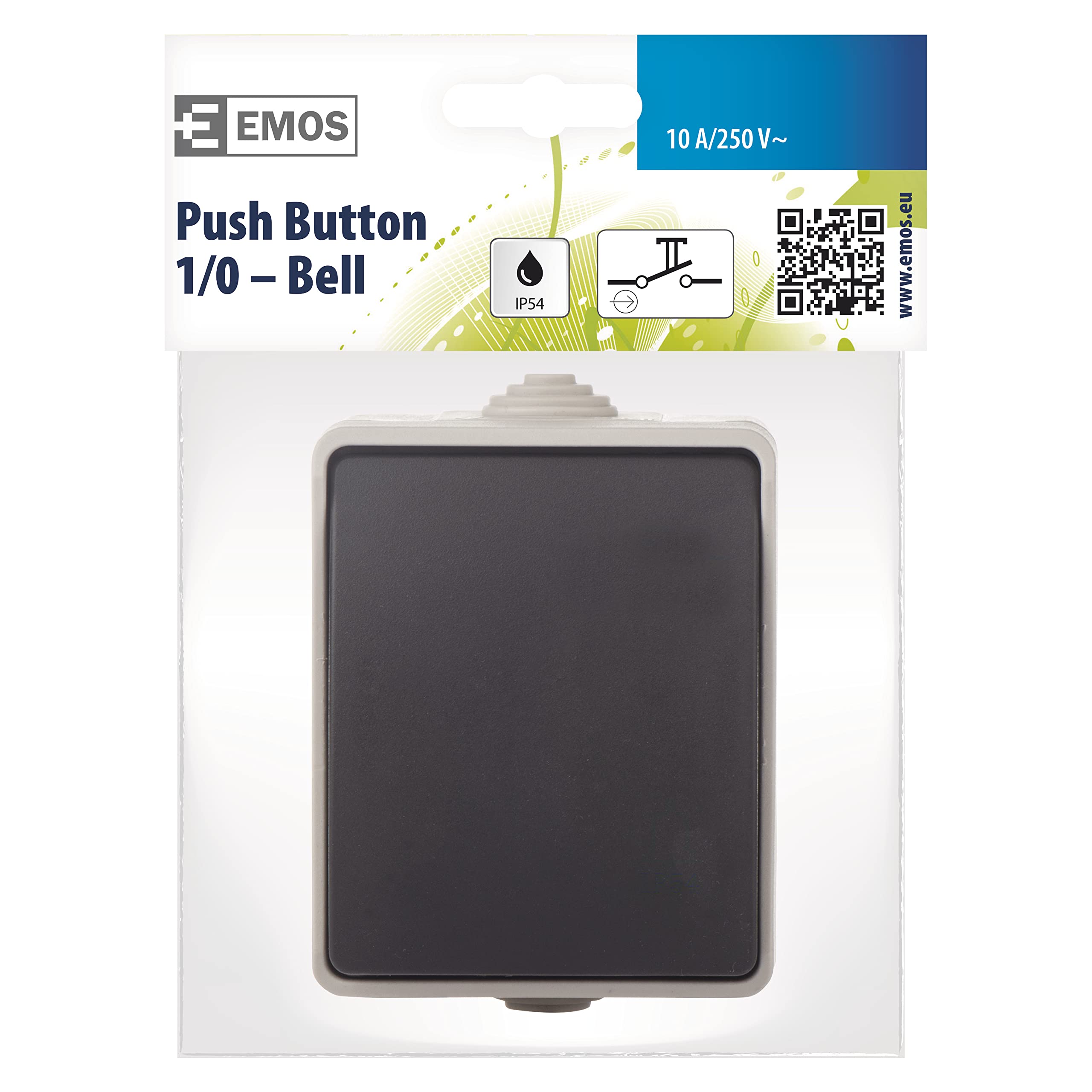 EMOS wasserdichter Klingelschalter mit Wippe, grau-schwarze Farbe, 250 V~/10 AX, Kunststoff, Aufputz zur Wandmontage, Schutzklasse IP54 für Außen 2