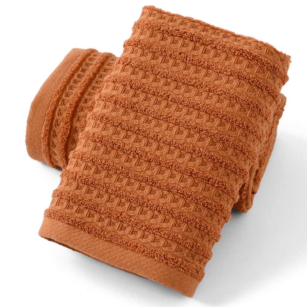 sense gnosis Waffle Hand Towel with Terry Striped Pattern Soft 100% Cotton Ultra Absorbent for Bathroom 13 x 29 Inch (Coral Orange, 2 Pieces)