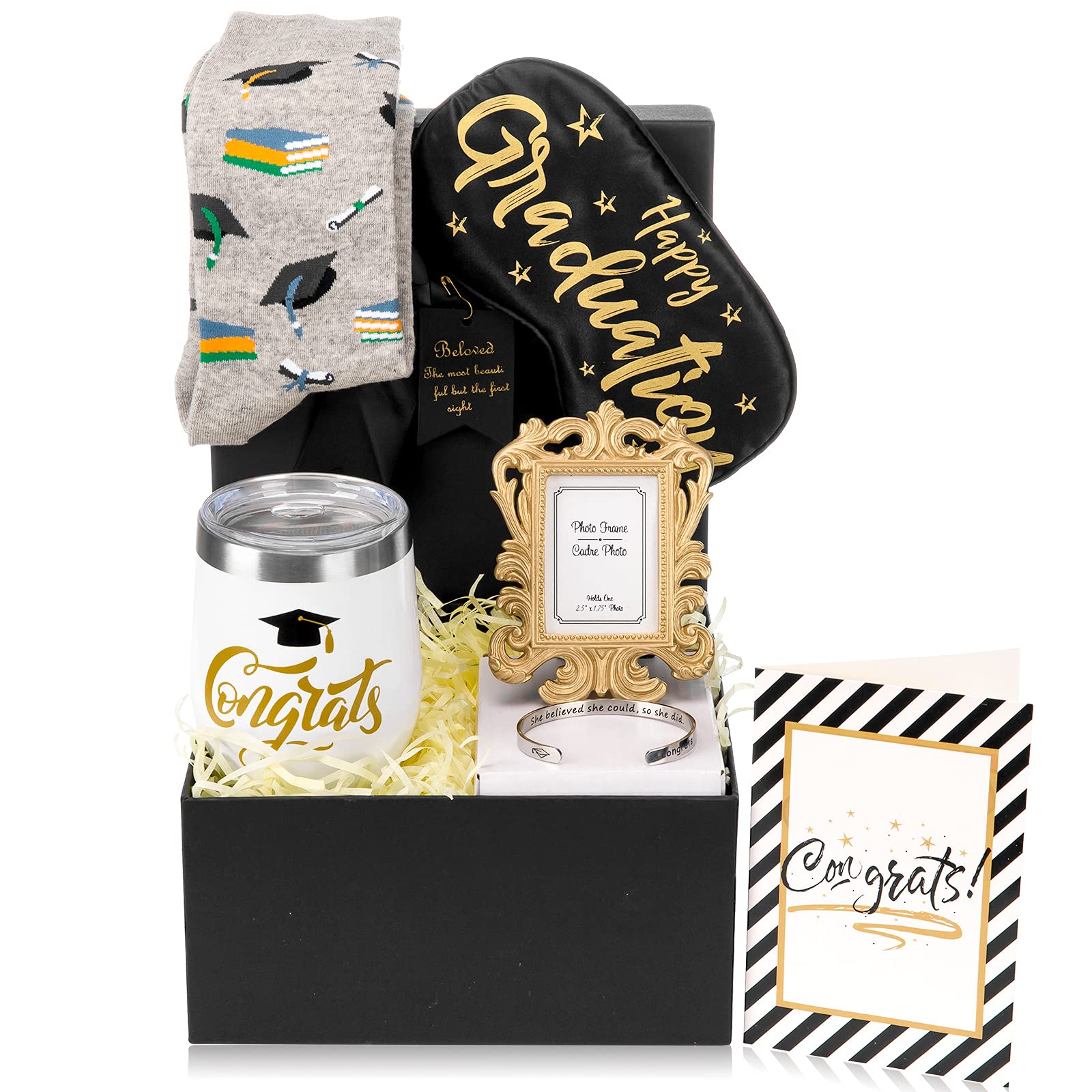 Whaline 8pcs Graduation Gift Box Set for Graduates Congrats Grad Gift Basket Set Including Tumbler Mug Eye Mask Photo Frame Sock Bracelet 20g Yellow Raffia Greeting Card for Grad Party Favor Present