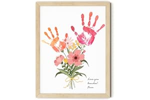 TwoDays Flower Bouquet Handprint Art Craft DIY Kit, Unique Gifts for Mom from Daughter or Son for Mother's Day Birthday Christmas, Gift for Grandma.(12" X 16", with Wood Frame)