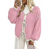 kipfall Womens Bow Tie Front Cardigan Sweaters Long Puff Sleeve Cute Print Jacket Coats 2025 Trendy Fall Winter Outfits