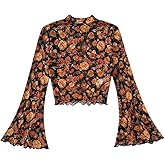 Verdusa Women's Bell Sleeve Lettuce Trim Mock Neck Floral Mesh Top Crop T Shirt