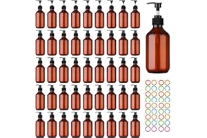MCUPPER 46 Pack Amber Plastic Bottles with Pump Dispenser, 8 oz Plastic Pump Bottle Dispenser, Shampoo Bottles Refillable with Pump, Soap Dispenser, Refillable Containers for Lotion, Essential Oil