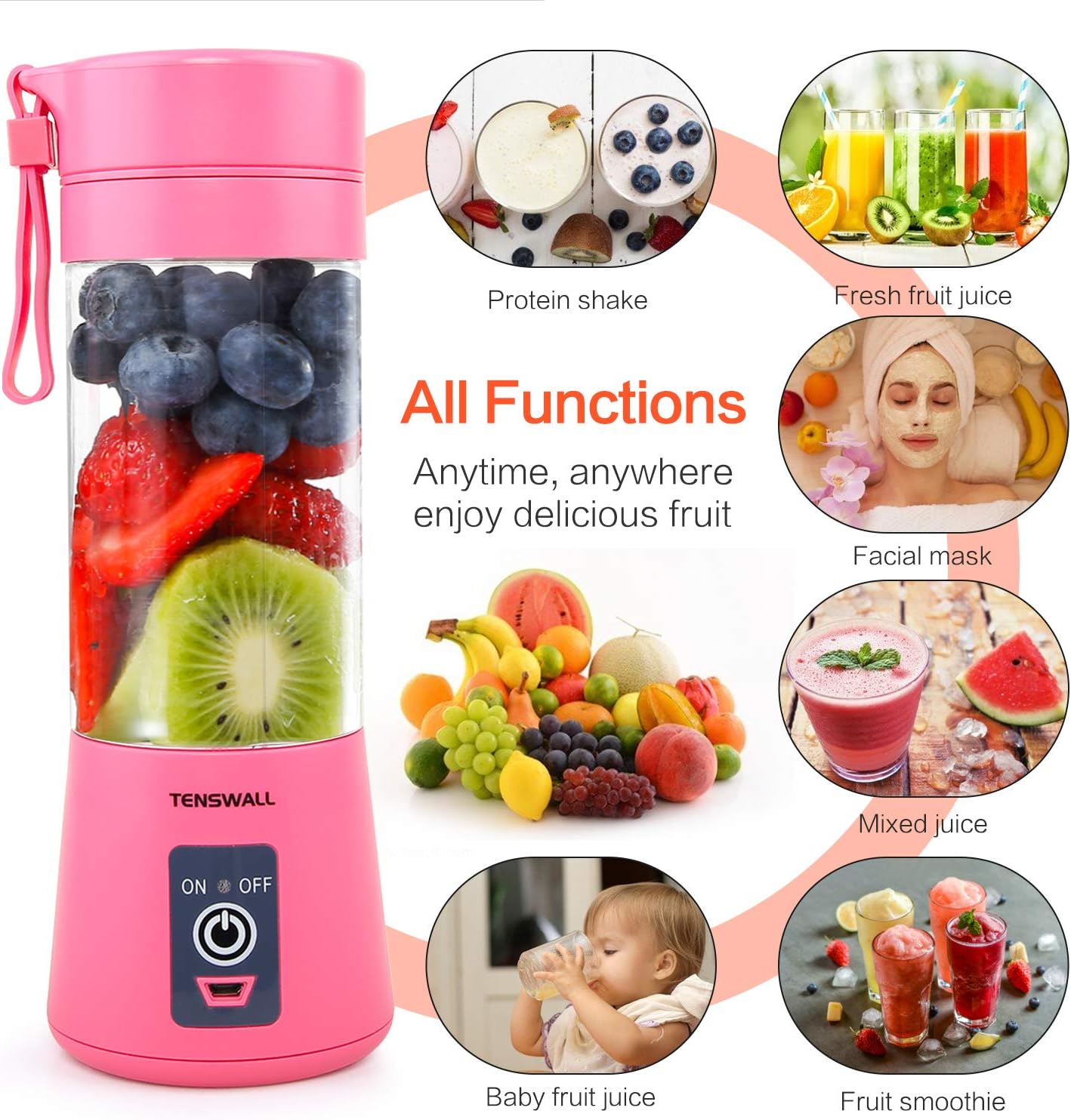 Tenswall Portable, Personal Size Blender Shakes and Smoothies Mini Jucier Cup USB Rechargeabl, pink: Kitchen & Dining