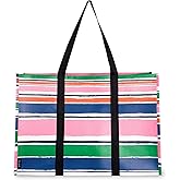 kate spade new york Large Reusable Grocery Bag, Oversized Tote Bag with Pockets, Striped Collapsible Tote for Shopping, Ocean Stripe
