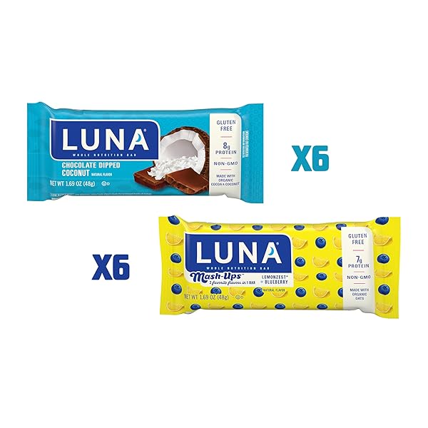 LUNA BAR – VARIETY PACK – CHOCOLATE DIPPED COCONUT AND LEMONZEST + BLUEBERRY MASH-UPS FLAVOR – SNACK BARS – NON-GMO – GLUTEN-FREE PROTEIN BARS – MADE WITH ORGANIC OATS 12 PACK,