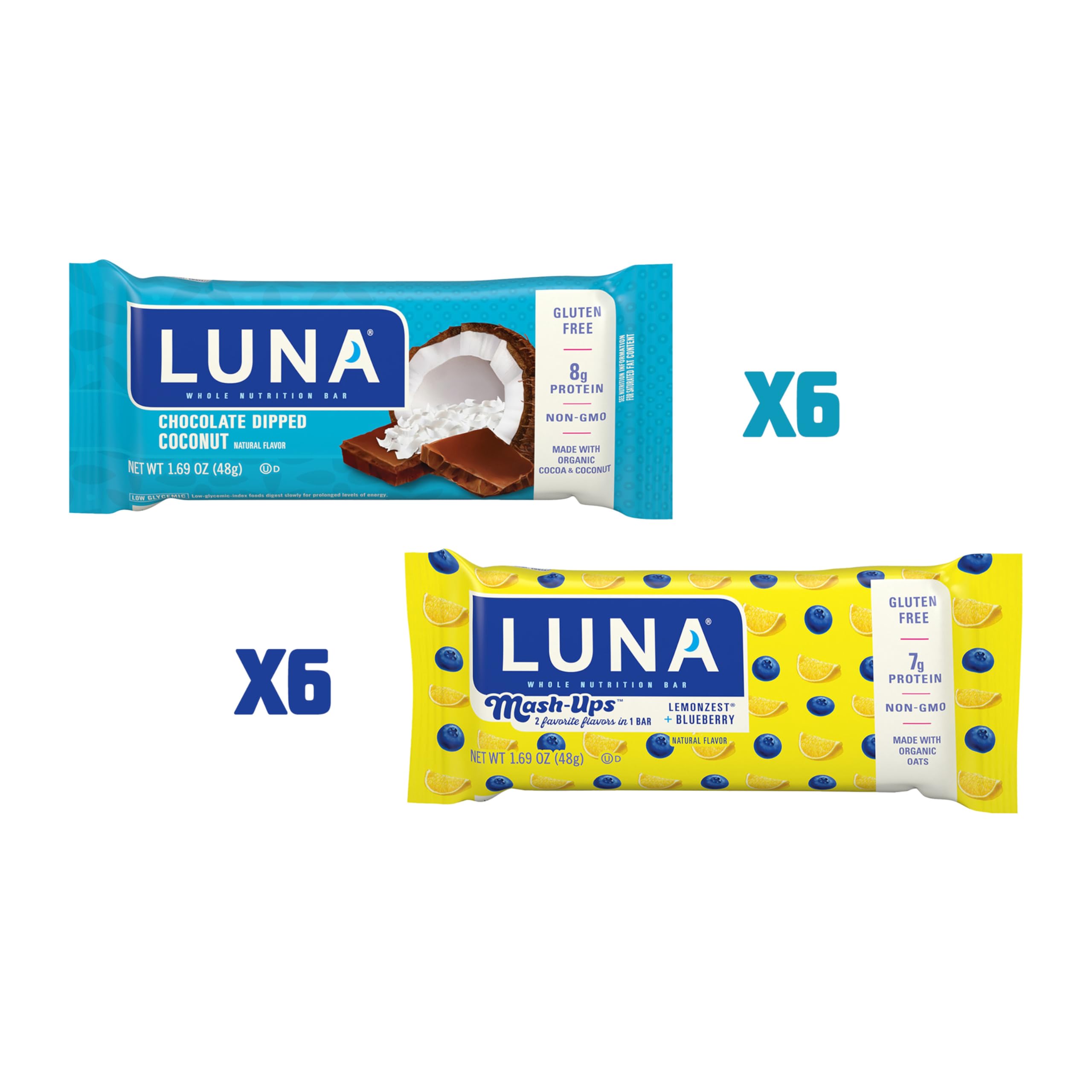 LUNA Bar - Variety Pack - Chocolatey Dipped Coconut and LemonZest + Blueberry Mash-Ups Flavor - Gluten Free Snack Bars - Non-GMO - Protein Bars - Made with Organic Oats (12 Pack)