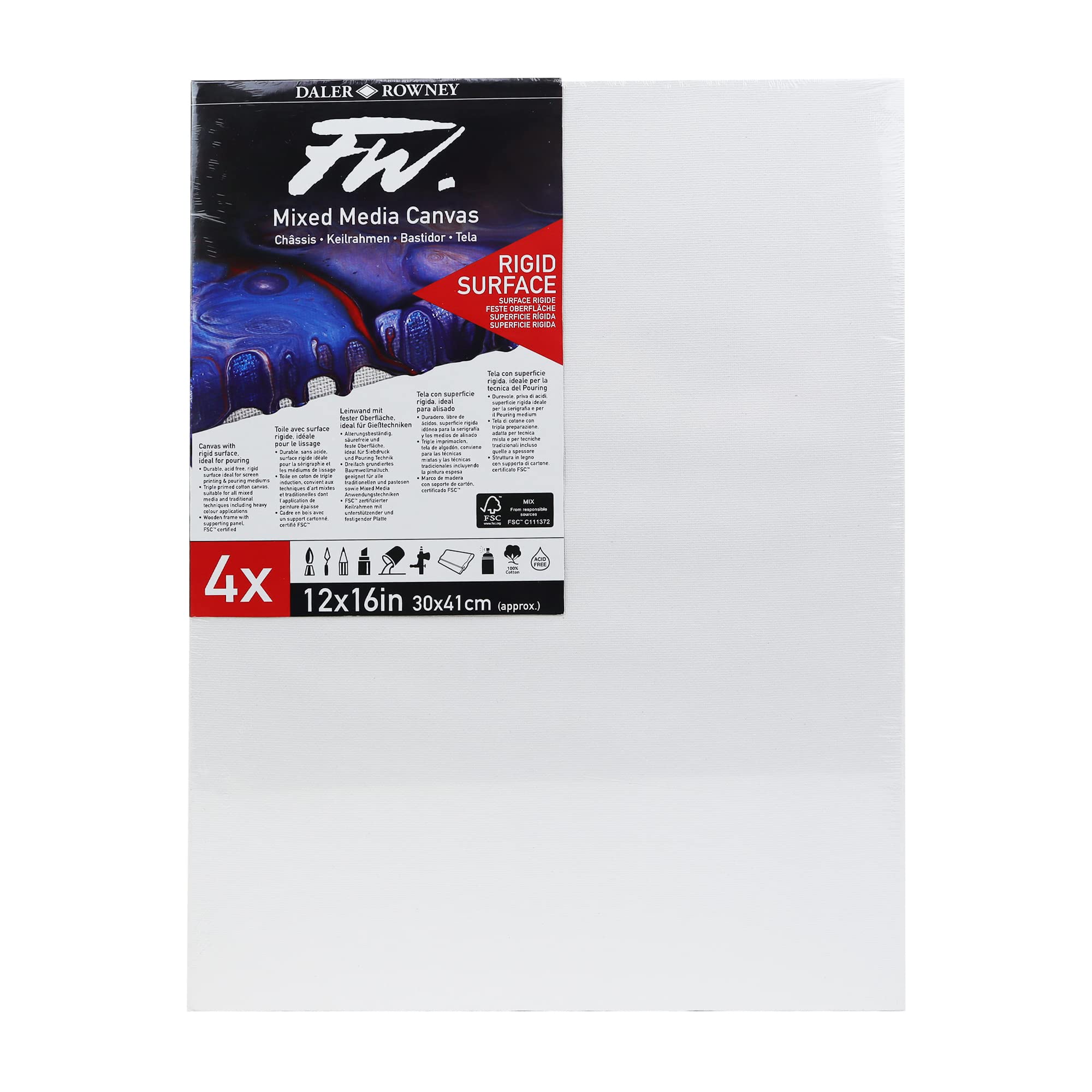 Daler-Rowney FW 12 x 16in White Stretched Canvas, Medium Grain, 10mm Deep, 4 Pack, For Professional Artists & Students