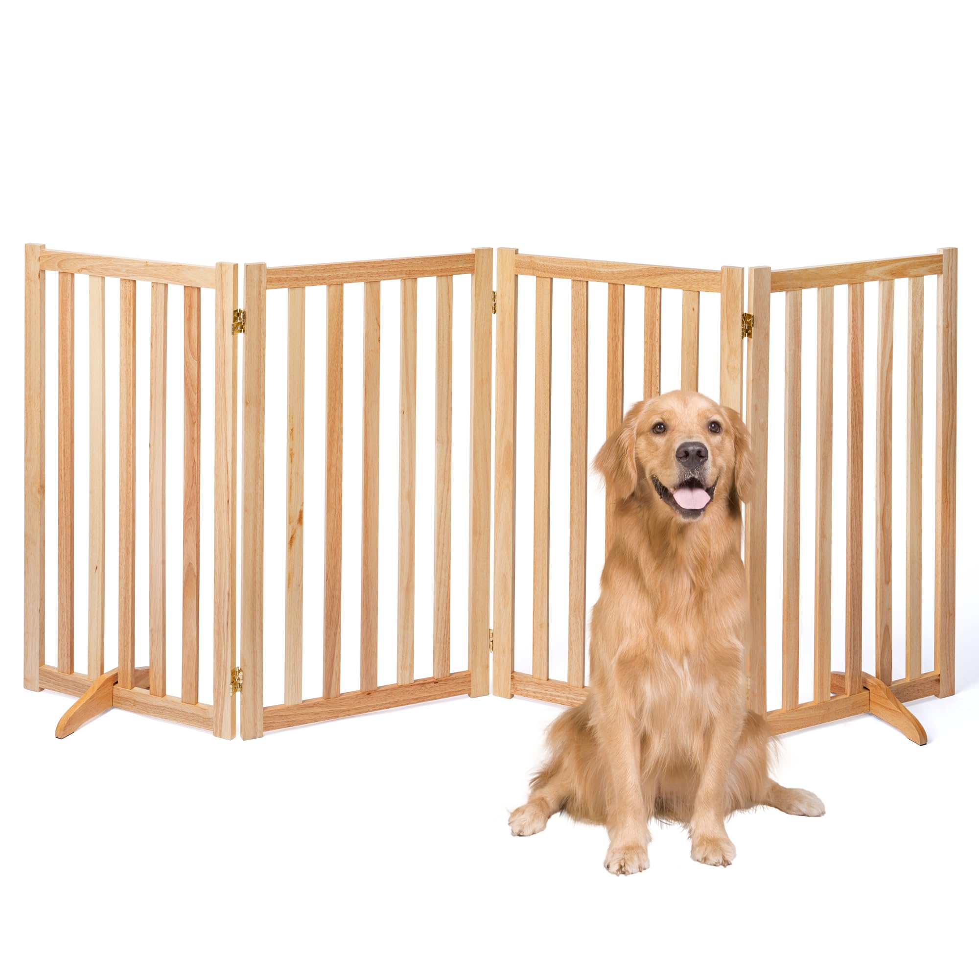 Photo 1 of 36" Height Extra Tall Freestanding Pet Gate, Solid Wood Folding Safety Fence Wooden Dog Gate with 2 PCs Support Feet Ideal for Stairs, Doorways, Halls, Kitchens, Heavy Duty Gates, 4 Panels, Oak