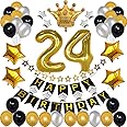24th Birthday Decorations for Men Boy Women Girl,Black and Gold Birthday Decorations for 24th and 42nd Happy Birthday Party with 24 Gold Number Balloon Happy Birthday Banner and Gold Crown Balloons