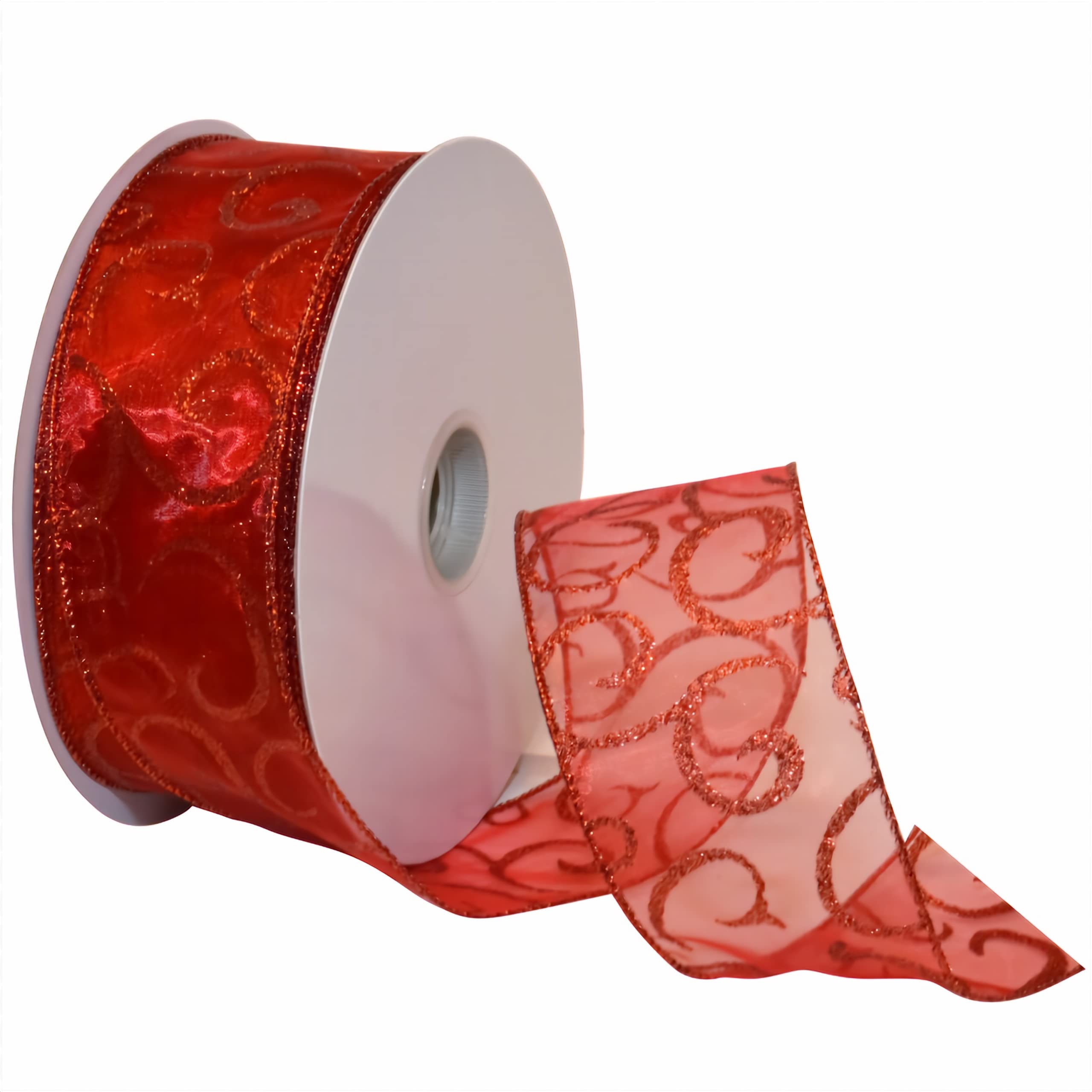 Morex Ribbon 7416.60/50-709 Swirl 2.5" X 50 YD Nylon Sheer Curling Wired Glitter Ribbon, Red, Holiday Ribbons for Crafts and Christmas Decorations, Gift Wrapping — image 1