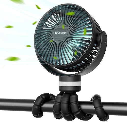 momcozy Portable Pram Fan, 8000mAh, 27H Ultra-long Battery Life, Stroller Fan Detachable 4 Speed 360° Rotate, LED Night Light, USB Rechargeable Handheld Cooling Fan,Travel,Crib,Car Seat (Black)
