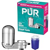 PUR Plus Vertical Faucet Mount Water Filtration System, Lead-Reducing Filter, Great-Tasting, Easy Install, Lasts 100 Gallons, Faucet Water Filter, Compatible with Sinks with External Aerators, Chrome