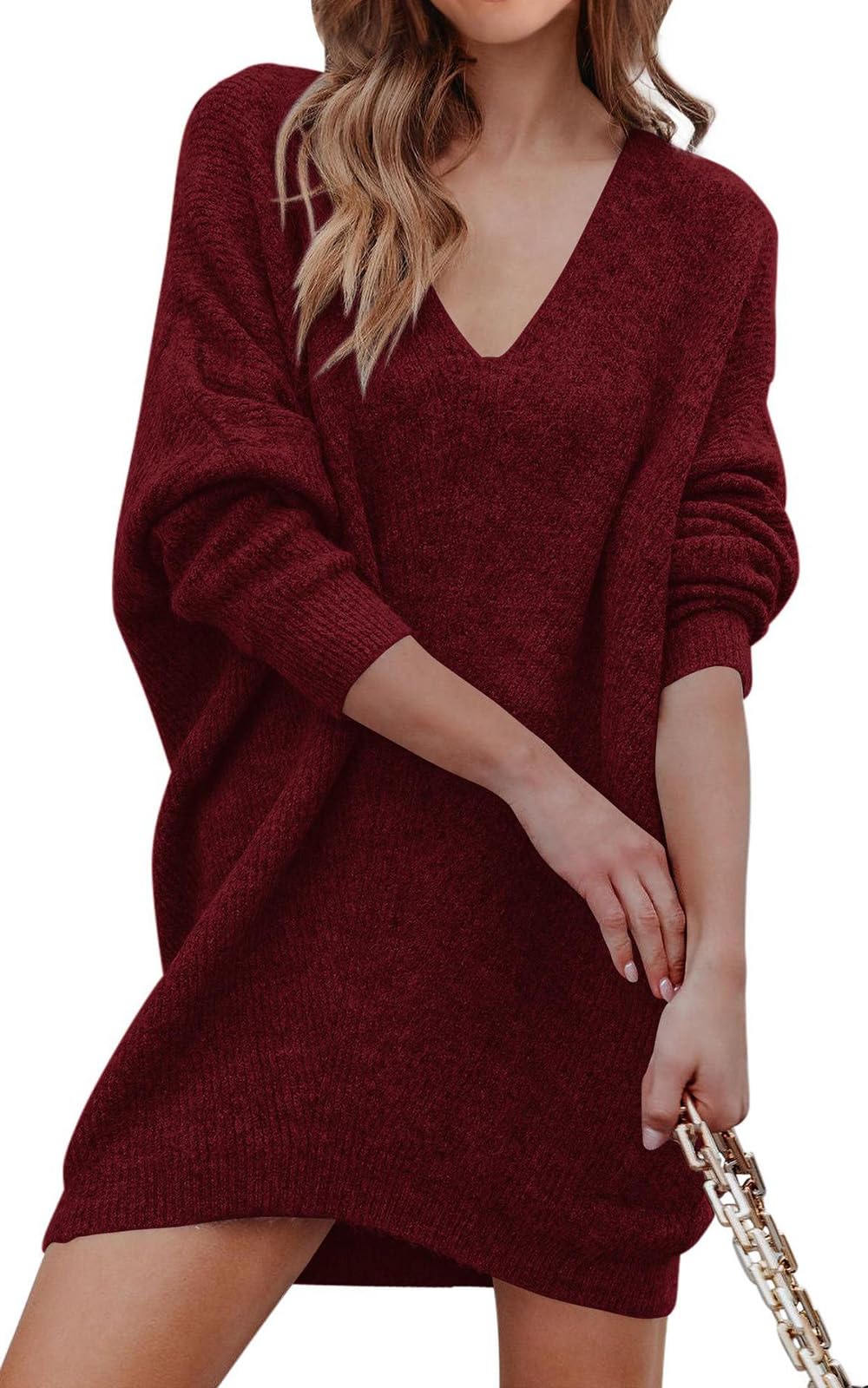 Photo 1 of PRETTYGARDEN 2025 Casual Long Sleeve Sweater Dress V Neck Oversized Sweaters for Women Knitted Solid Long Pullover Jumper (Wine Red,Small)