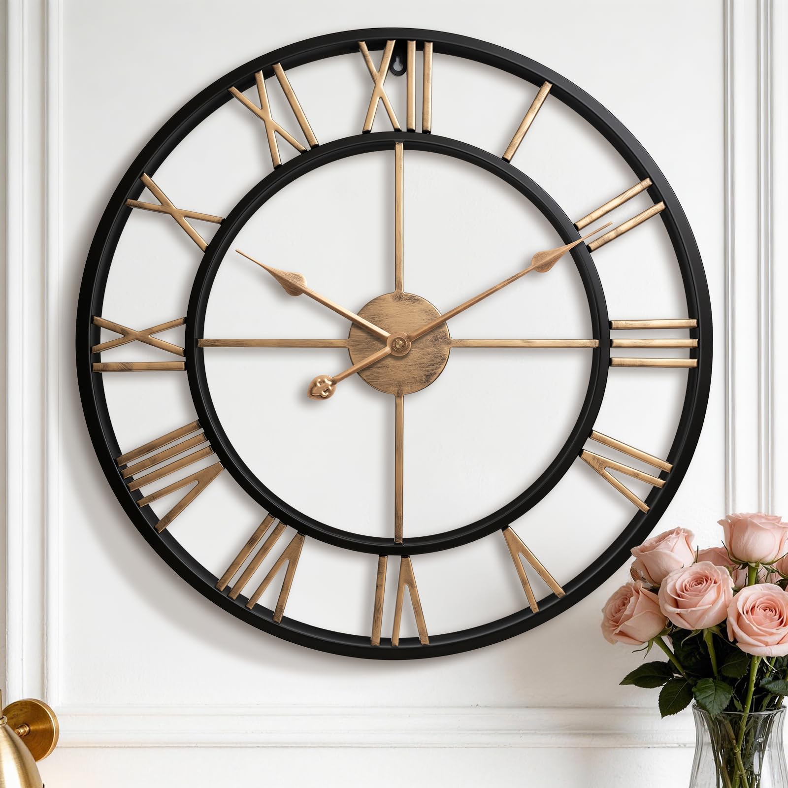 Pytha Sight 24 Inch Large Wall Clocks for Living Room, Farmhouse Roman Numeral Metal Wall Clock, Silent Non-Ticking Oversized Decorative Wall Clock for Fireplace, Dining Room, Office Decor Image