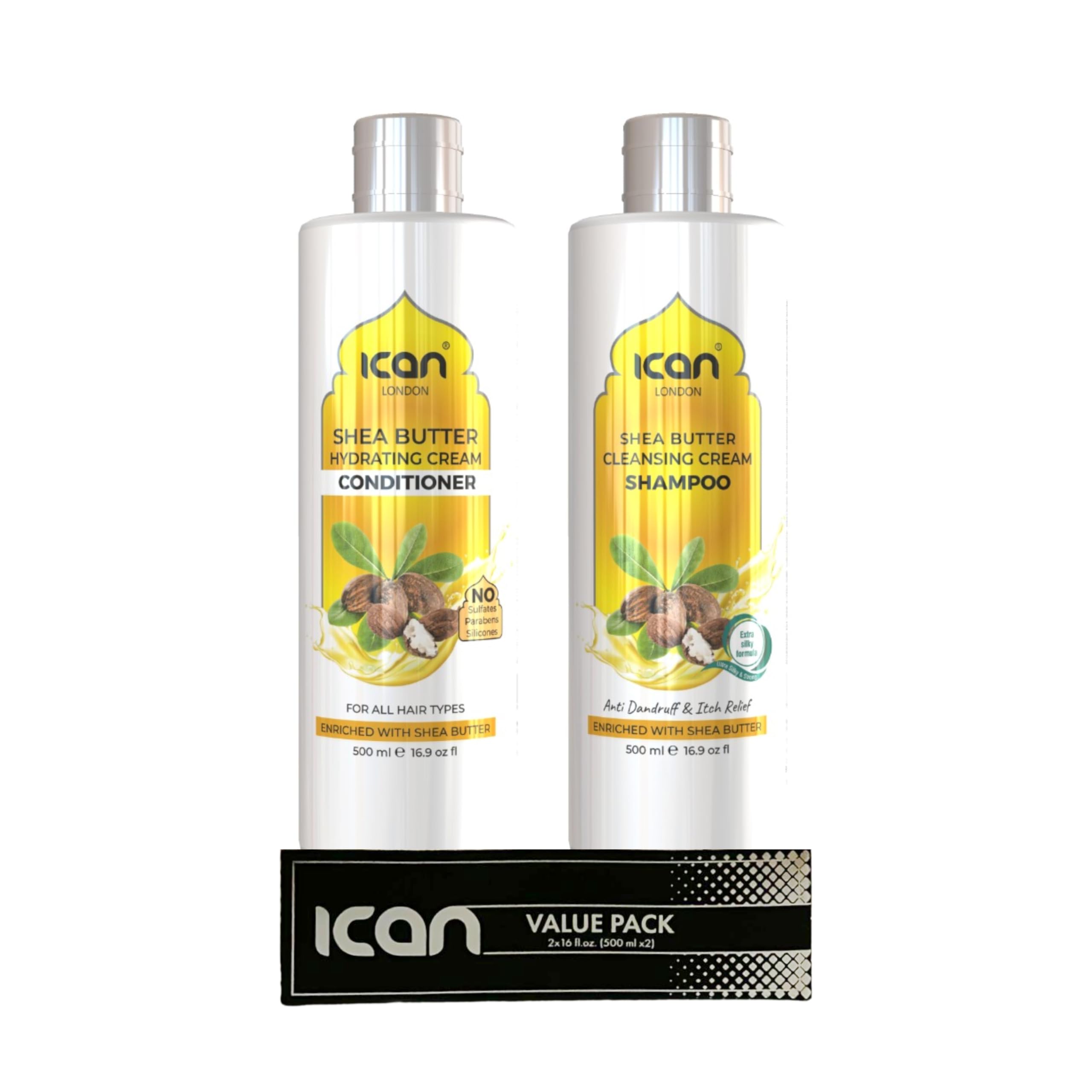 ican London Shea Butter Sulfate Free Cleansing Cream Shampoo + Sulfate Free Hydrating Cream Conditioner Duo Pack 500ml Each