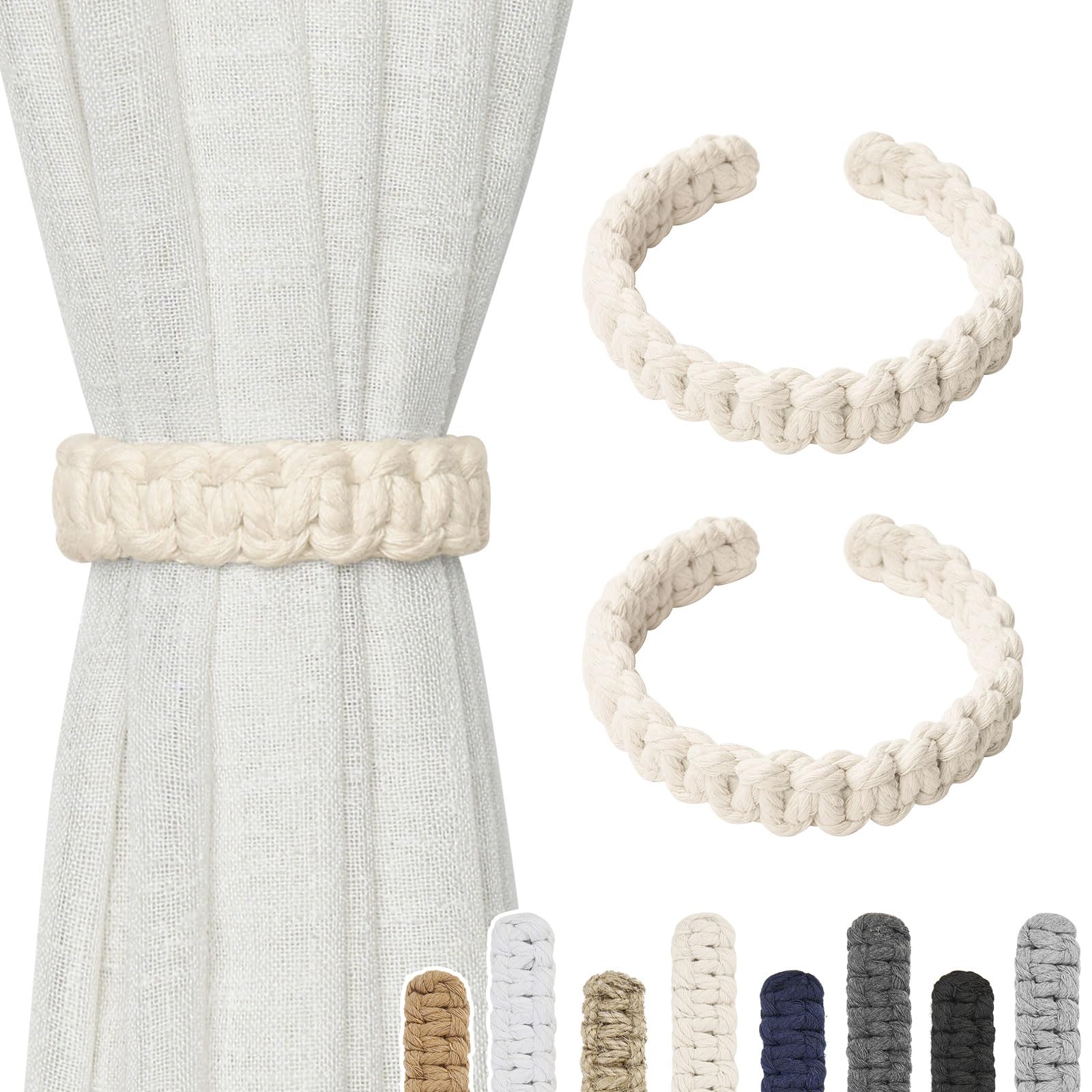Pretty Jolly 2 Pack Natural Cotton Rope Curtain Tiebacks Farmhouse Rustic Style Decorative Drape Tie Backs Handmade Braided Curtain Holdbacks for Home Sheer/Light Weight Drapery (C-Beige-S)