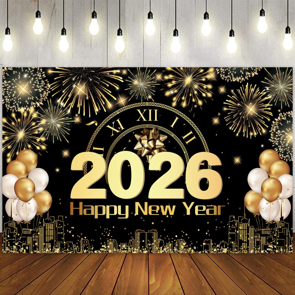 Happy New Year Banner 2026 New Year Decorations, 70.8 x 43.3 Inch Extra Large Fabric Black and Gold Happy New year Backdrop Banner 2026 New Years Eve Party Supplies