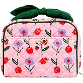 ban.do Quilted Toiletry Bag with Bow Handle (Cherry Lips) | Pattern Cosmetic Bag for Traveling, Spacious Organizer for Makeup with Interior Pockets and Zippers Closure