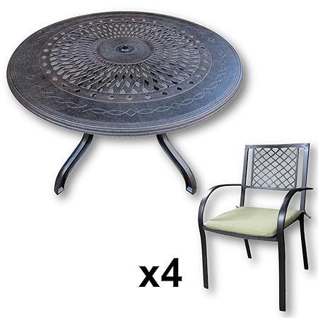 Lazy Susan - AMY 120 cm Runder Gartentisch mit 4 Stühlen - Gartenmöbel Set aus Metall, Antik Bronze (JANE Stühle, Grüne Kisse