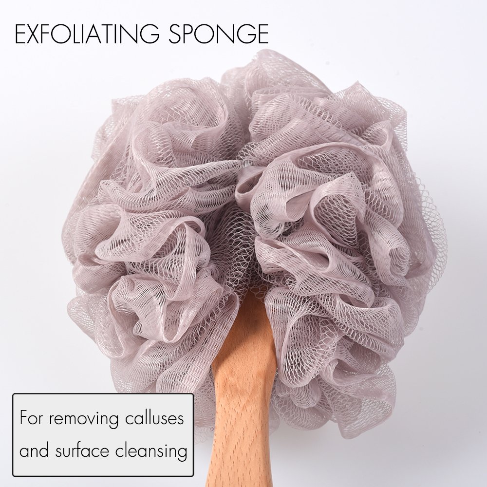 Bath Sponge & Brush Long Handled Loofah Back Scrubber Shower & Bath Exfoliating Pouf Scrubber on a Stick Body Back Brush with a Wood Handle Loofah Mesh for Men & Women By Krramel (PURPLE)