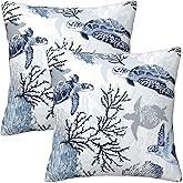 Nautical Blue Pillow Covers Set of 2, Coastal Beach Themed Coral Sea Turtle Navy Decorative Throw Pillows Cases Cushion Cover for Couch Sofa Bedroom Living Room Car, Home Decor, 18x18 Inch, Blue