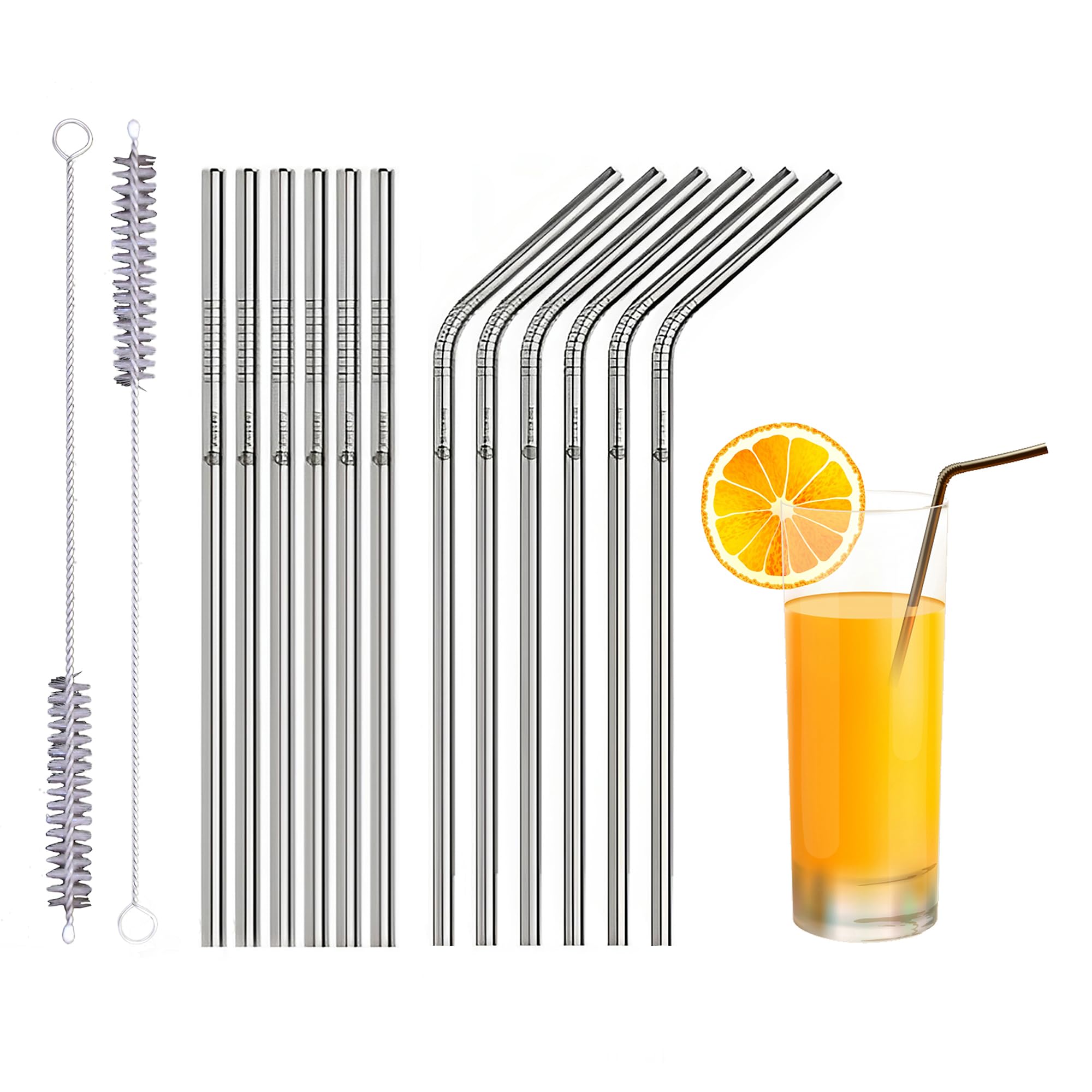 Set of 14 Metal Straws Drinking (6 Straight + 6 Bent + 2 Cleaners), 8.5” Eco-Friendly Reusable Straws | Stainless Steel Drinking Straw for Tumbler, Cocktail with Travel case (Silver 14)