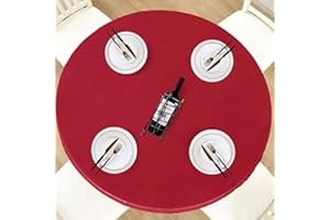 LUSHVIDA Round Waterproof Table Cover Elastic Vinyl Fitted Tablecloth Elastic Edged Plastic Table Cloth for Christmas (Red, Best for Up to 45"-56" Round)