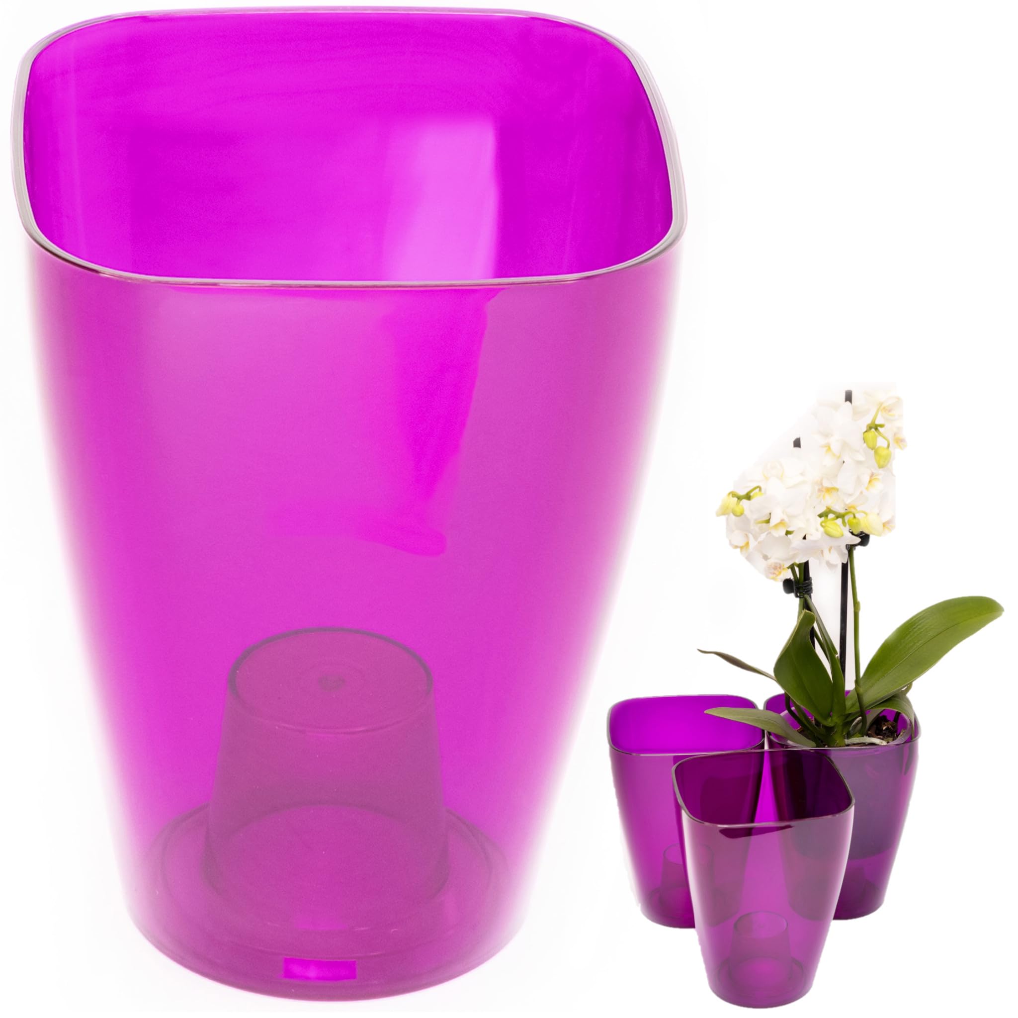 Home Garden Ornaments small orchid pots 9.5cm / 3.7 inch – Set of 3 Decorative Plastic Plant Pots Indoor, Clear Flower Pots with Inner Cone (Purple)