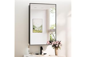 TokeShimi 24x36 Recessed Medicine Cabinet with Mirror Wall Mounted, Aluminum Alloy Black Mirrored Medicine Cabinet, Metal Bev