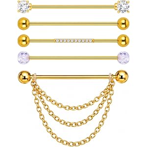Dimioaoa 5Pcs Gold Industrial Piercing Jewelry, 14G Surgical Steel Cubic Zircon Cartilage Helix Piercing Barbell Earrings, 38