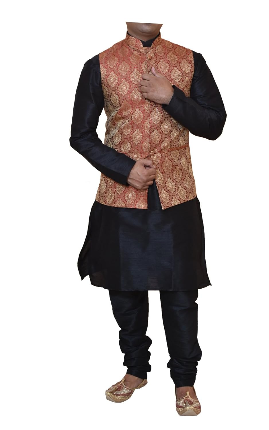 modern garments men's black dupioni silk kurta pyjama & waistcoat