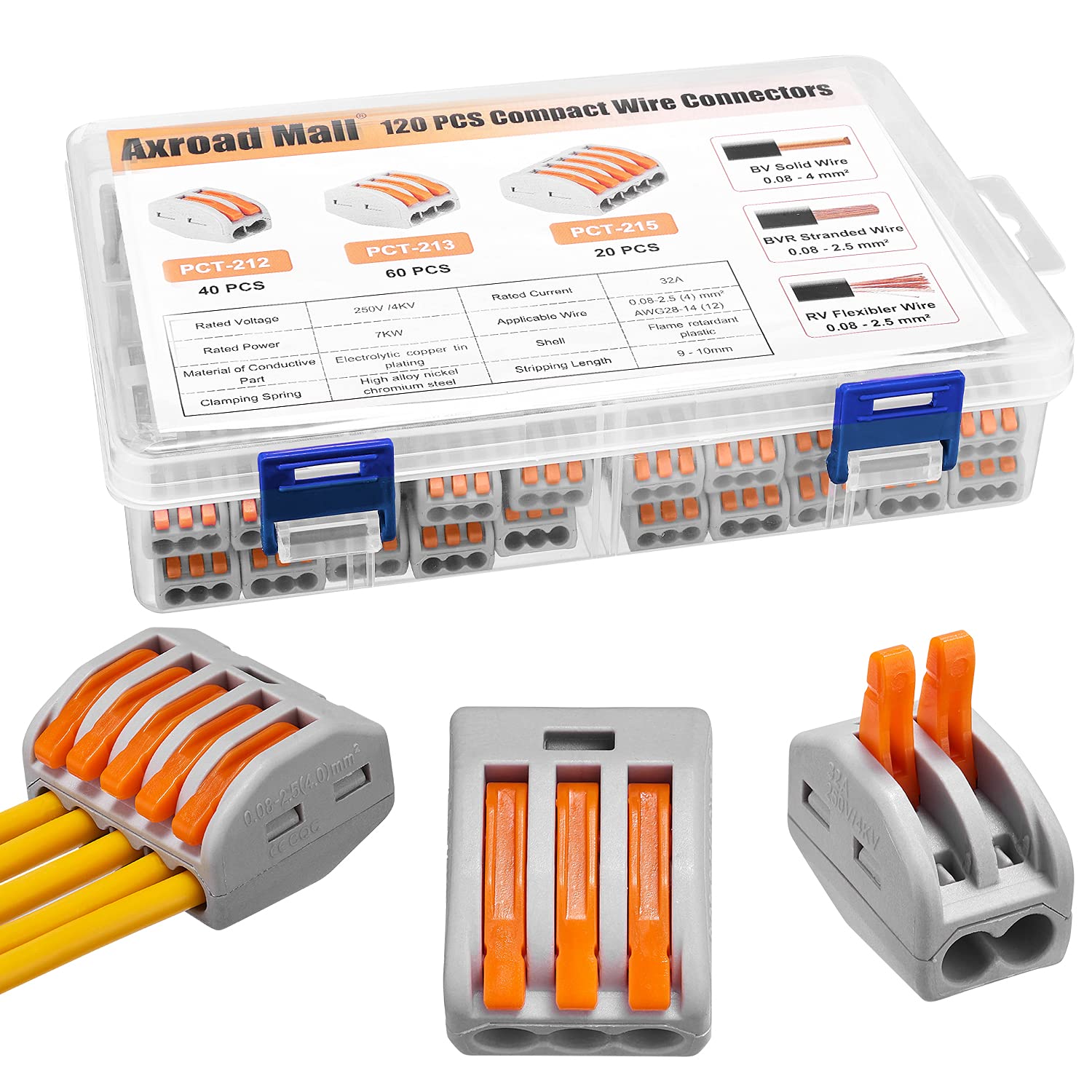 Compact Wire Connectors, 120 Pcs Lever Nut Assortment with 40pcs Clamp 2-Port & 60pcs Clamp 3-Port