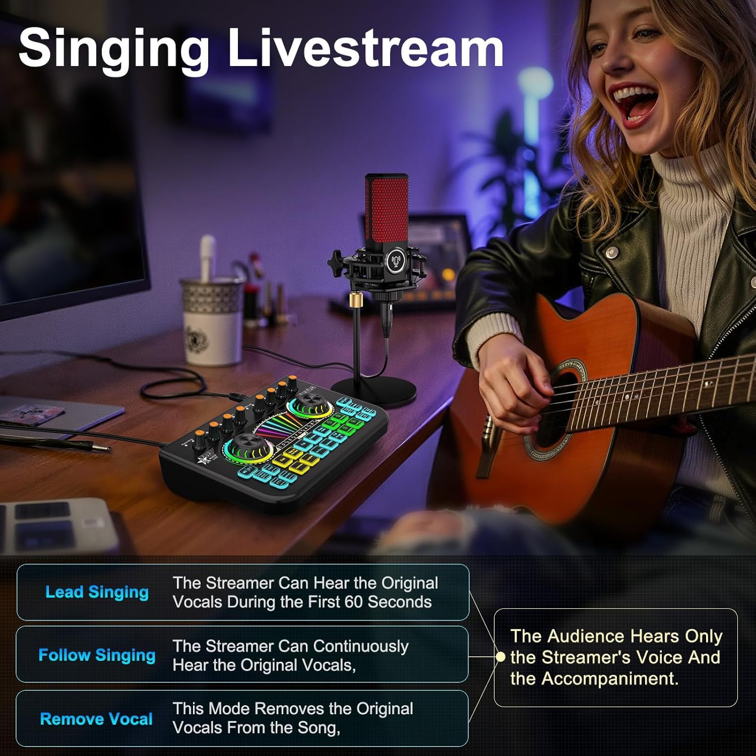 Gaming Audio Mixer Sound Board Mixer w USB Audio Interface Voice Changer, All-in-One Podcast Live Sound Card for Streaming w Soundboard Customizable Soundpads for PC Smartphone Recording Broadcasting