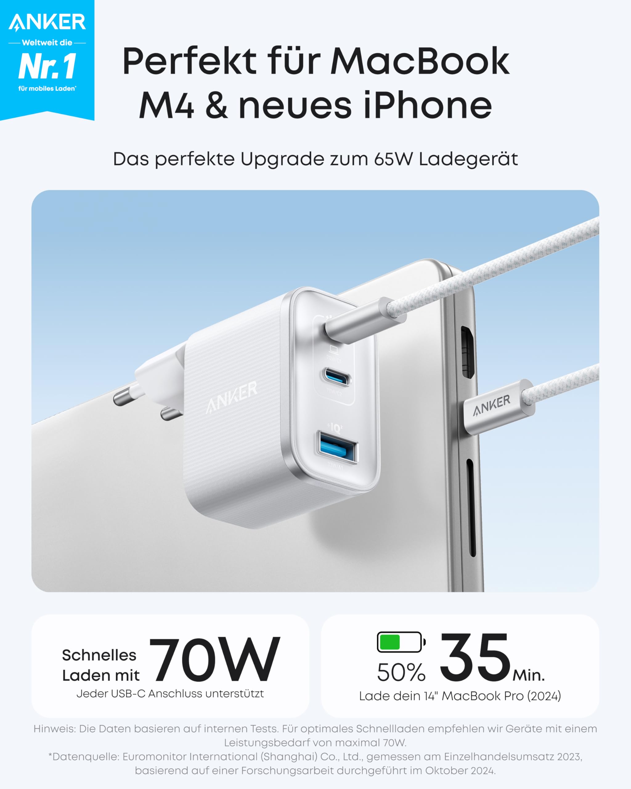 Anker Nano 70W USB C Ladegerät, Laptop Ladegerät, 3-Port-Netzteil mit 70W schnellladegerät, kompakt & stylisch, für iPhone 17/Pro/Pro Max/iPhone Air/16/15, MacBook Air, iPad, Pixel, Galaxy und mehr 2
