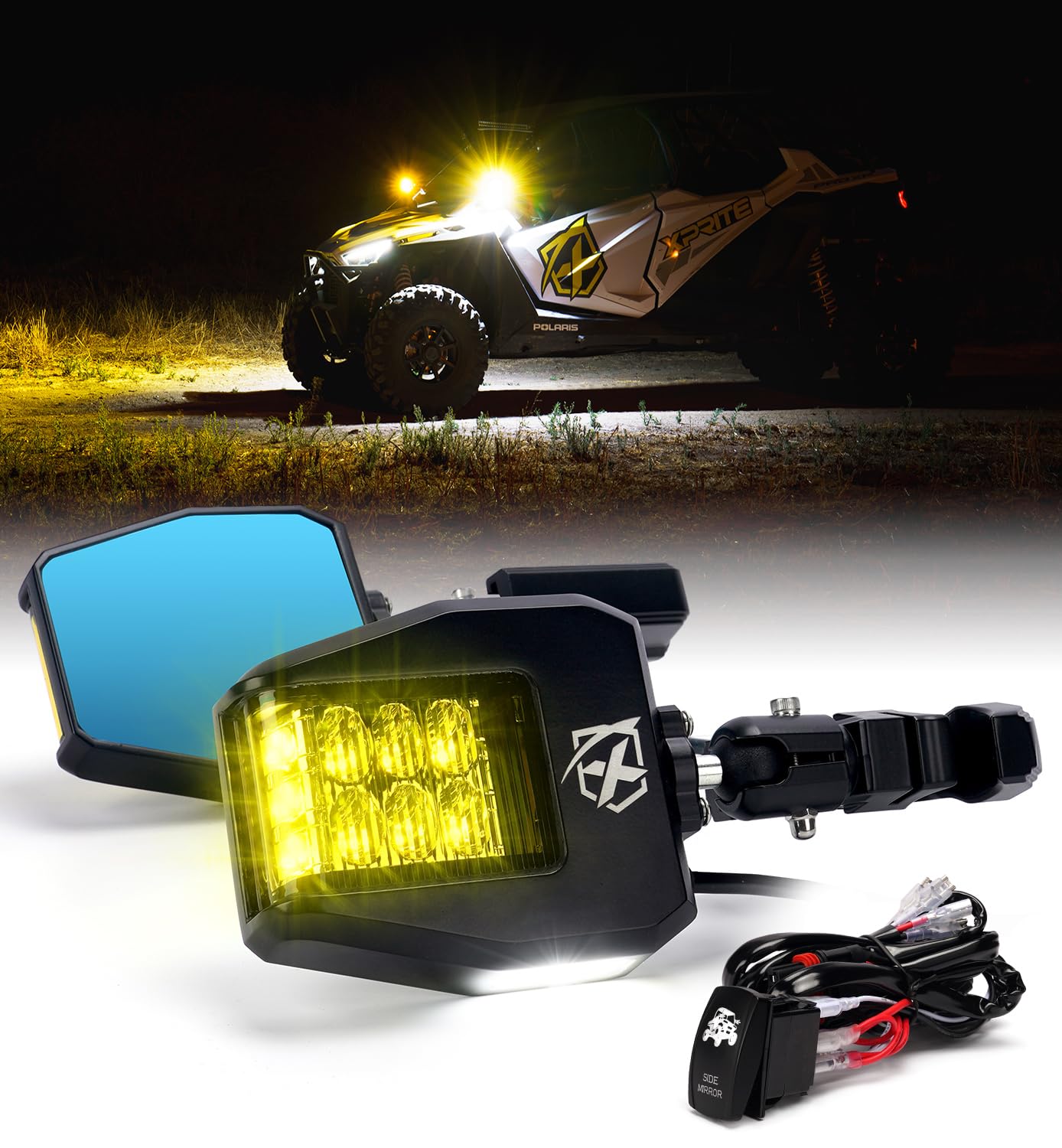 Photo 1 of Xprite UTV Side Mirrors 2025 New Amber Light Aluminum w/Puddle Lights, Fits 1.75"-2 Inch Roll Cage Bar Compatible with Polaris RZR Pioneer, SXS, Can-Am X3, Kawasaki Teryx Mule, Yamaha Rhino Wolverine