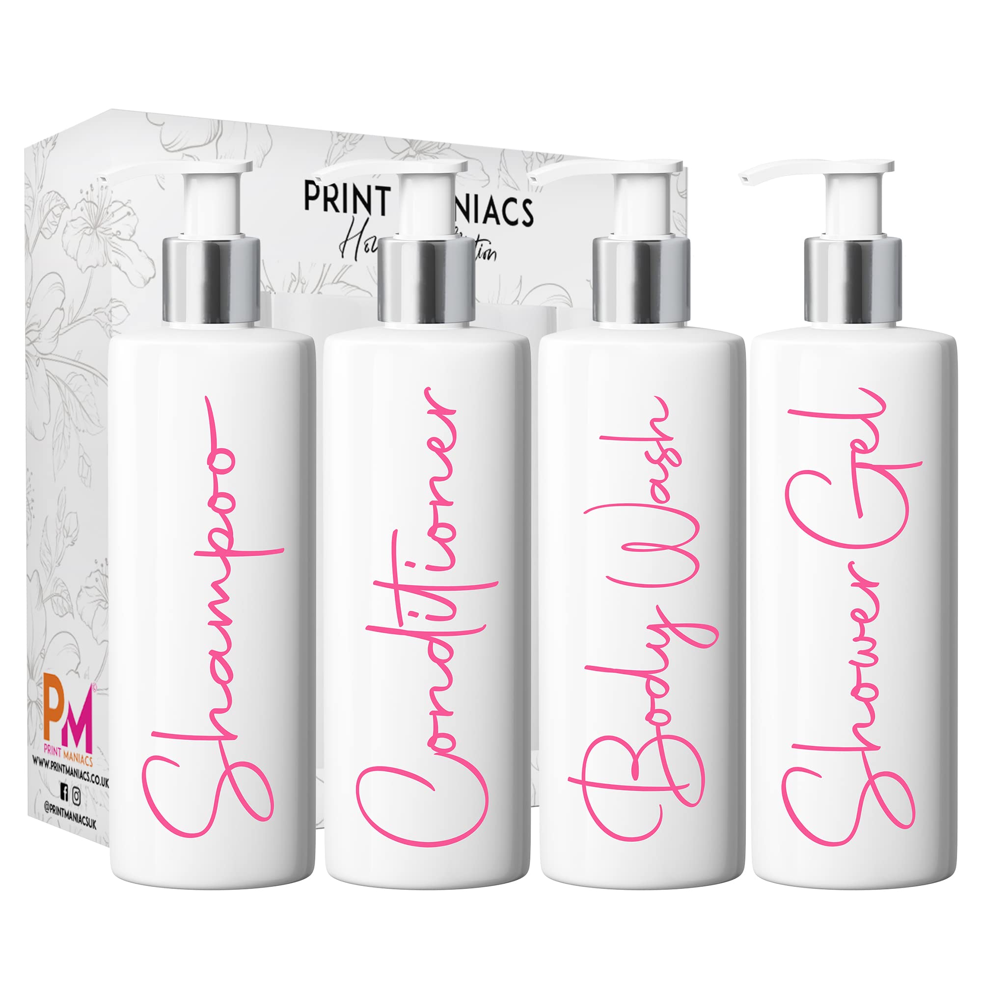 Print Maniacs White Mrs Hinch Inspired Personalised 500ml Pump Bottles Bathroom Lotion Kitchen Set Shampoo Conditioner ( Shower Gel Set, F2 ) (Baby Pink)