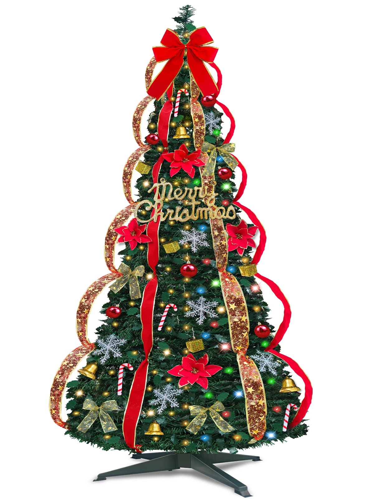 Photo 1 of 6Ft Prelit Pop Up Christmas Tree with Timer 200 Warm White & Colorful Change 8 Modes, 1 Minute Christmas Tree Pre-Decorated Ornaments UL Plug Powered Easy Assemble Collapsible Holiday Xmas Tree Decor