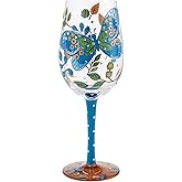 Enesco Lolita Garden Butterfly with Foliage Hand-Painted Artisan Wine Glass, 15 Ounce, Multicolor