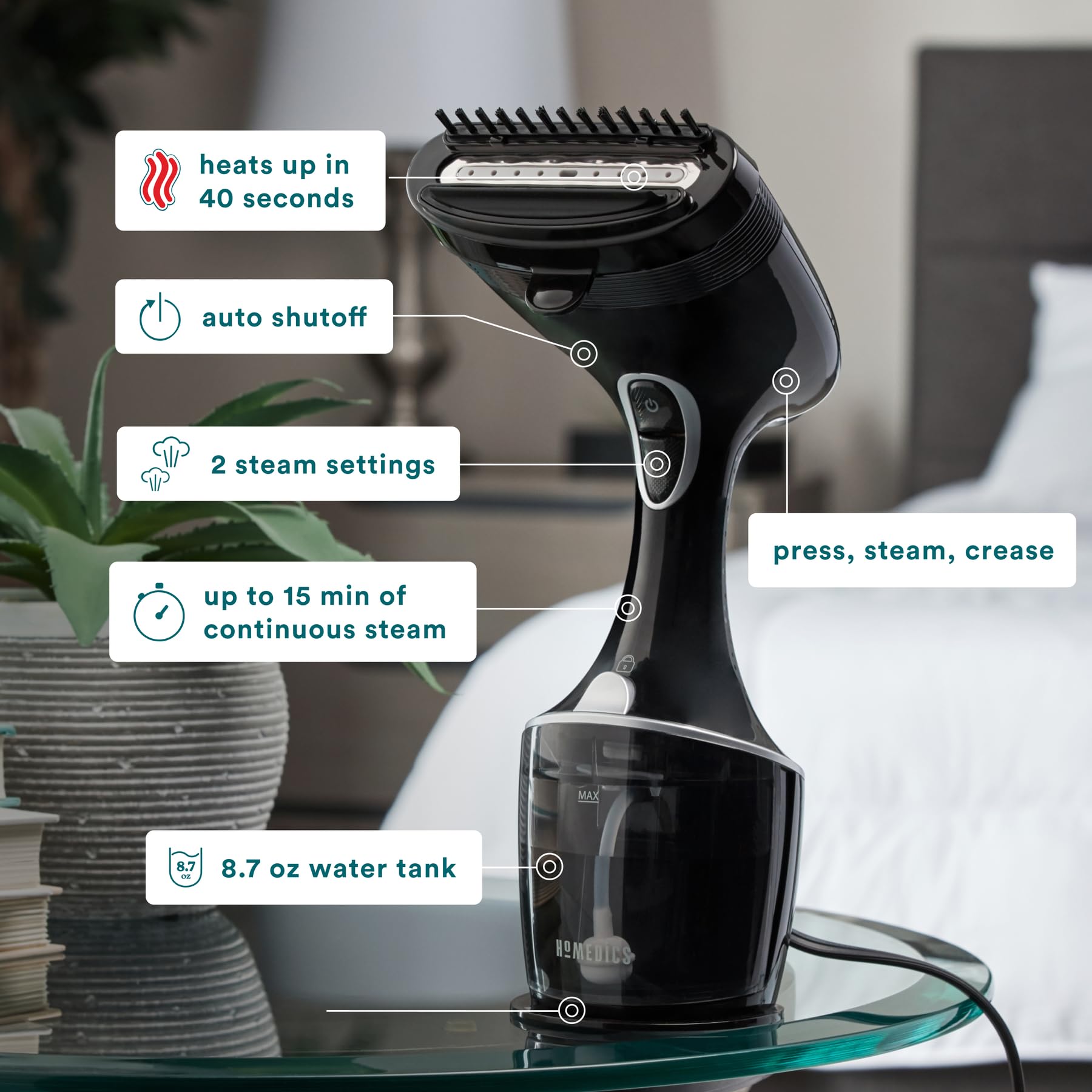 Homedics PerfectSteam Handheld Garment Steamer for Clothes, Sheets and Curtains - 1550 Watts Portable Garment Steamer, Fast Heat, Turbo Power, 15-Minute Continuous Steam, Built-In Crease Attachment