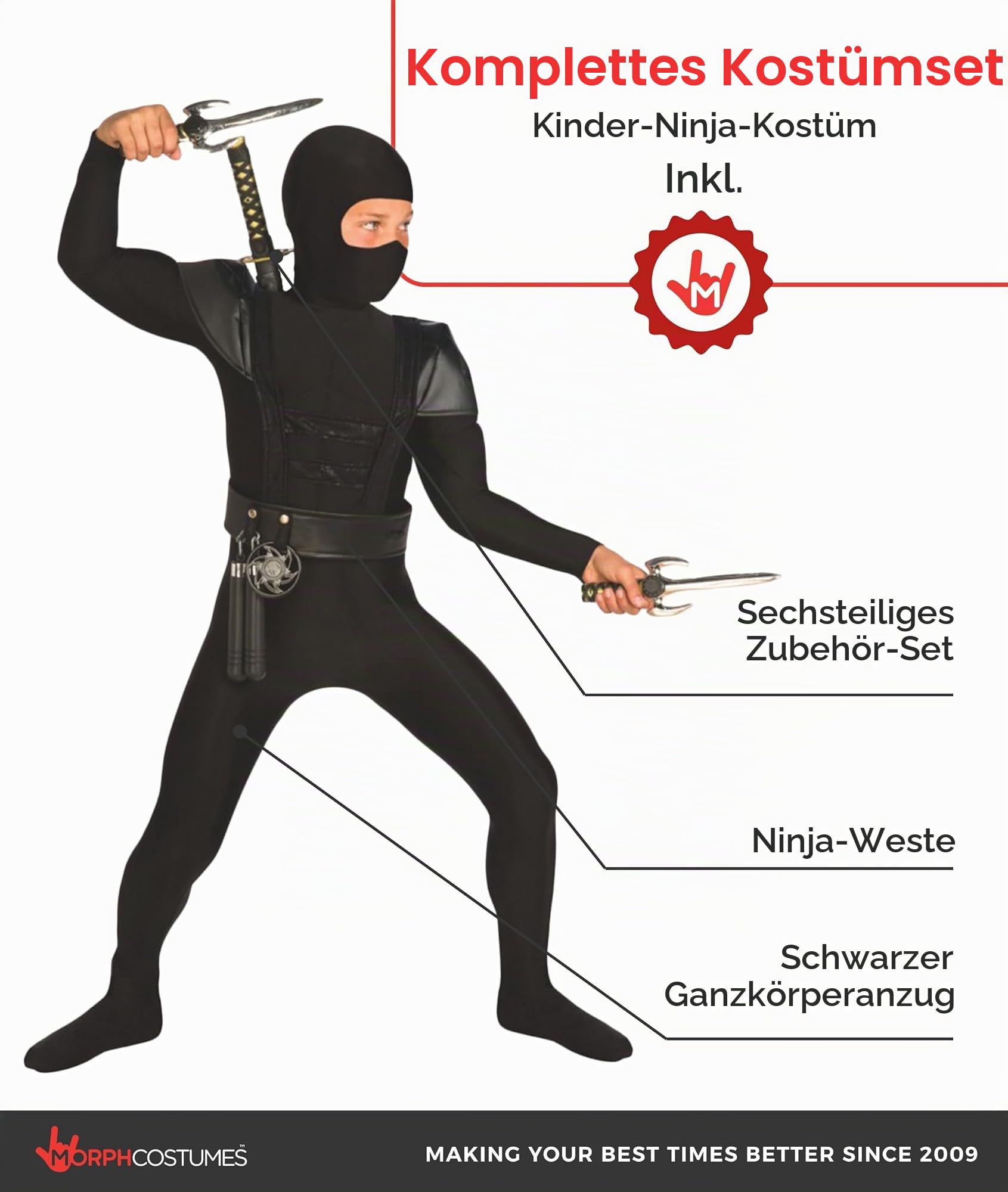 Morph Ninja Kostüm Kinder Jungen und Mädchen, Ninja Anzug Schwarz, Faschingskostüme Kinder Junge, Karneval Kostüm Kind, 4-6 Jahre 2
